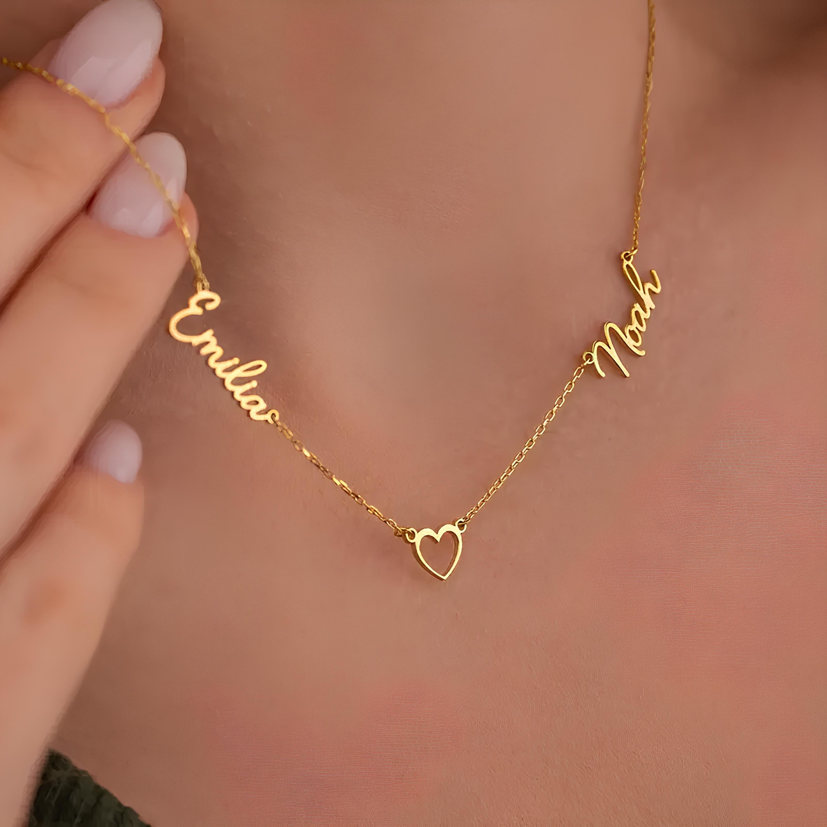 Heart Linked Double Name Necklace - 925 Silver