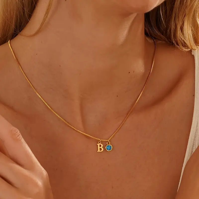 Single Letter Necklace with Birthstone - 925 Silver