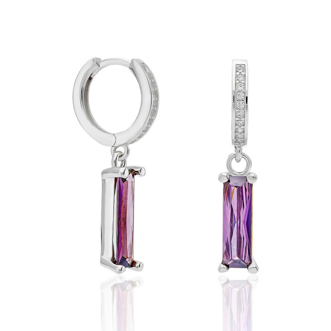 Baguette Earrings with Lilac Colored Stones - 925 SILVER