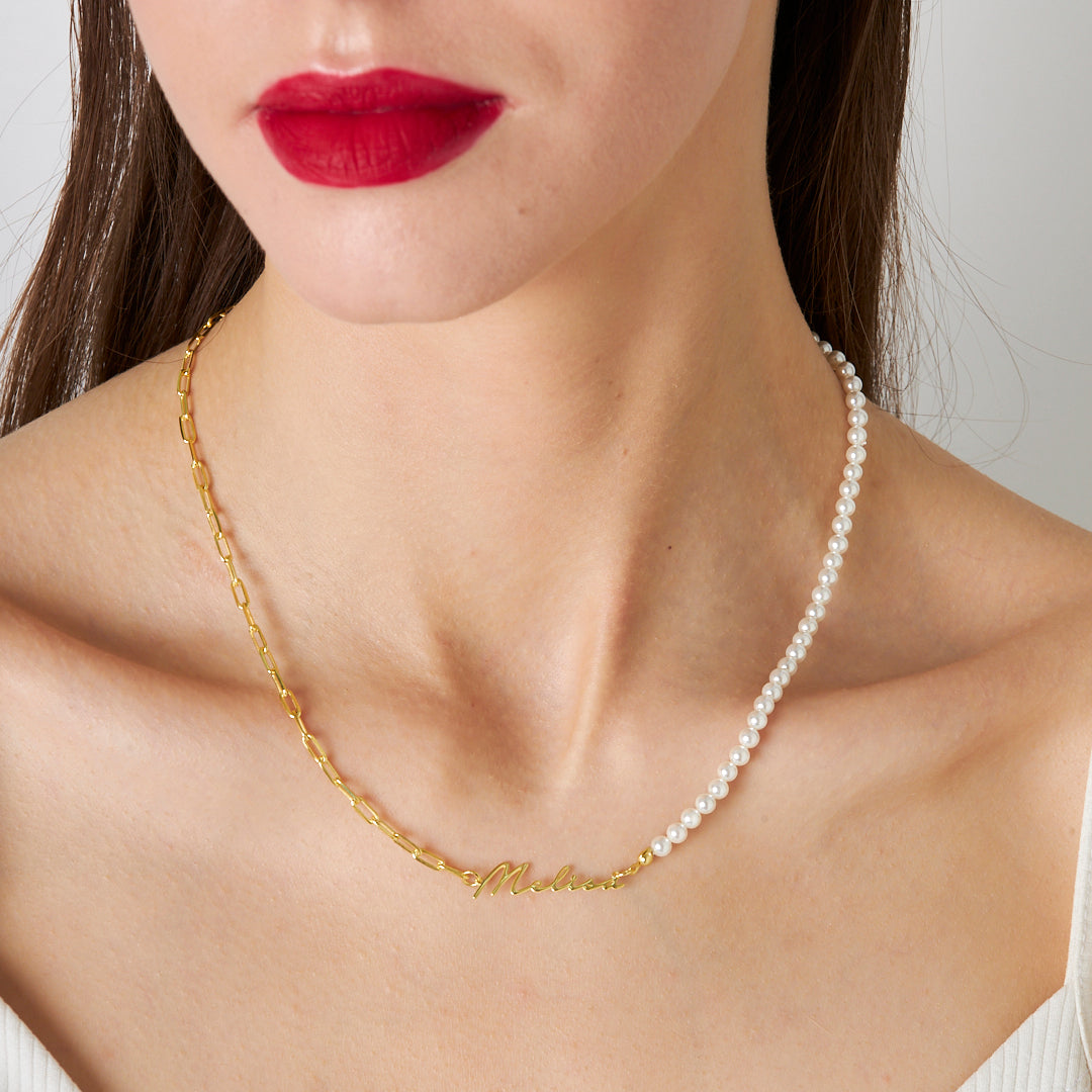 Half Pearl Handwritten Necklace - 925 Silver
