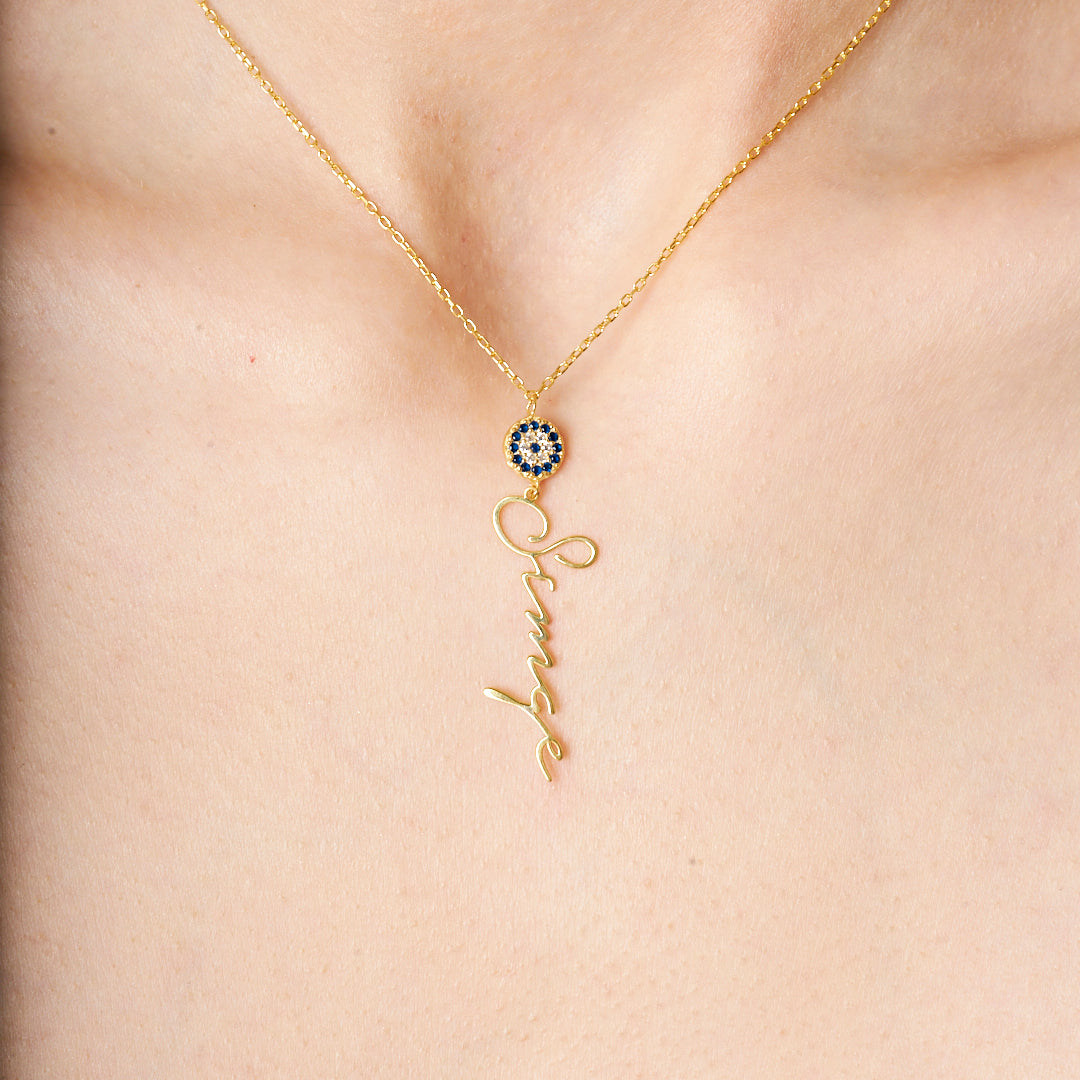 Vertical Name Necklace with Evil Eye Bead - 925 Silver