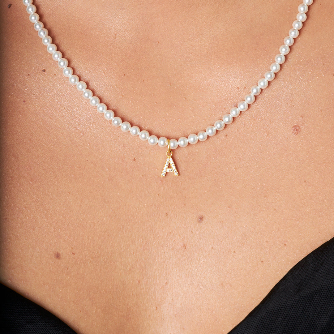 Pearl and Stone Letter Necklace - 925 SILVER