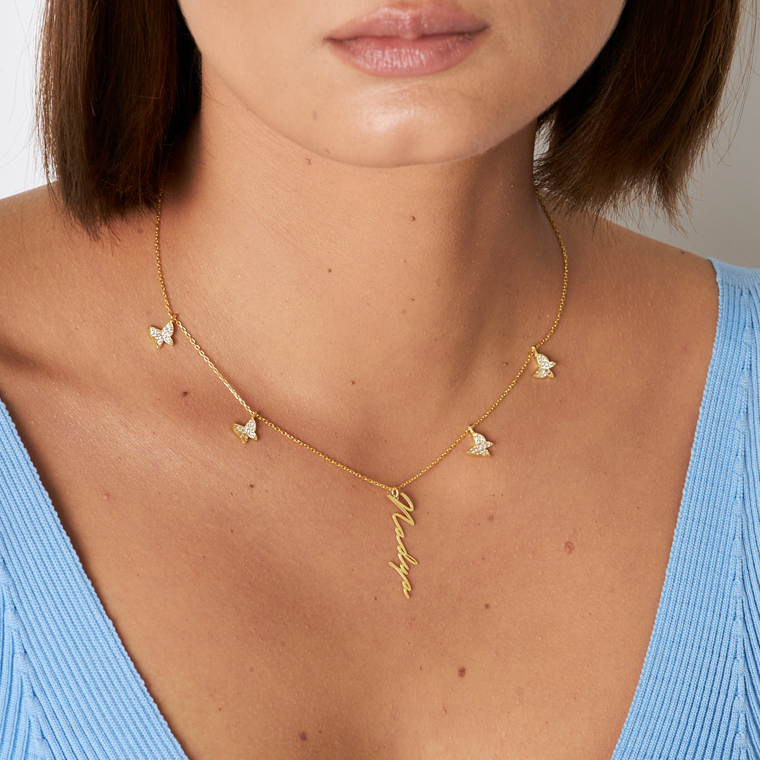 Butterfly Row Vertical Name Necklace - 925 Silver