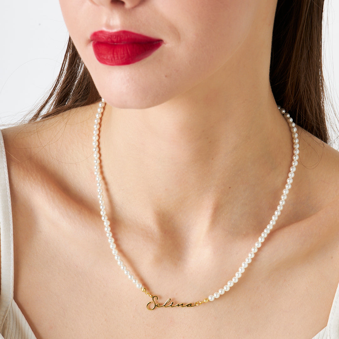 Pearl Beaded Name Necklace - 925 Silver