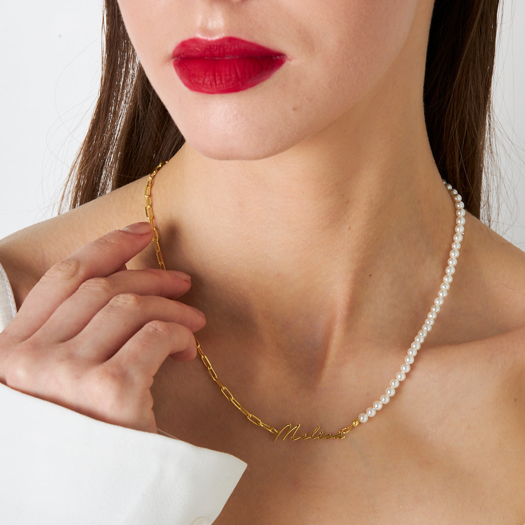 Half Pearl Handwritten Necklace - 925 Silver