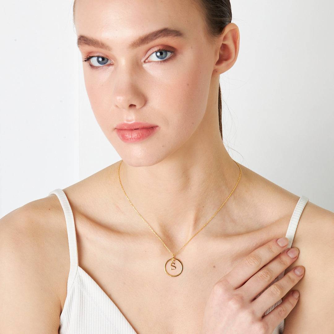 Round Hanging Letter Necklace - 925 SILVER