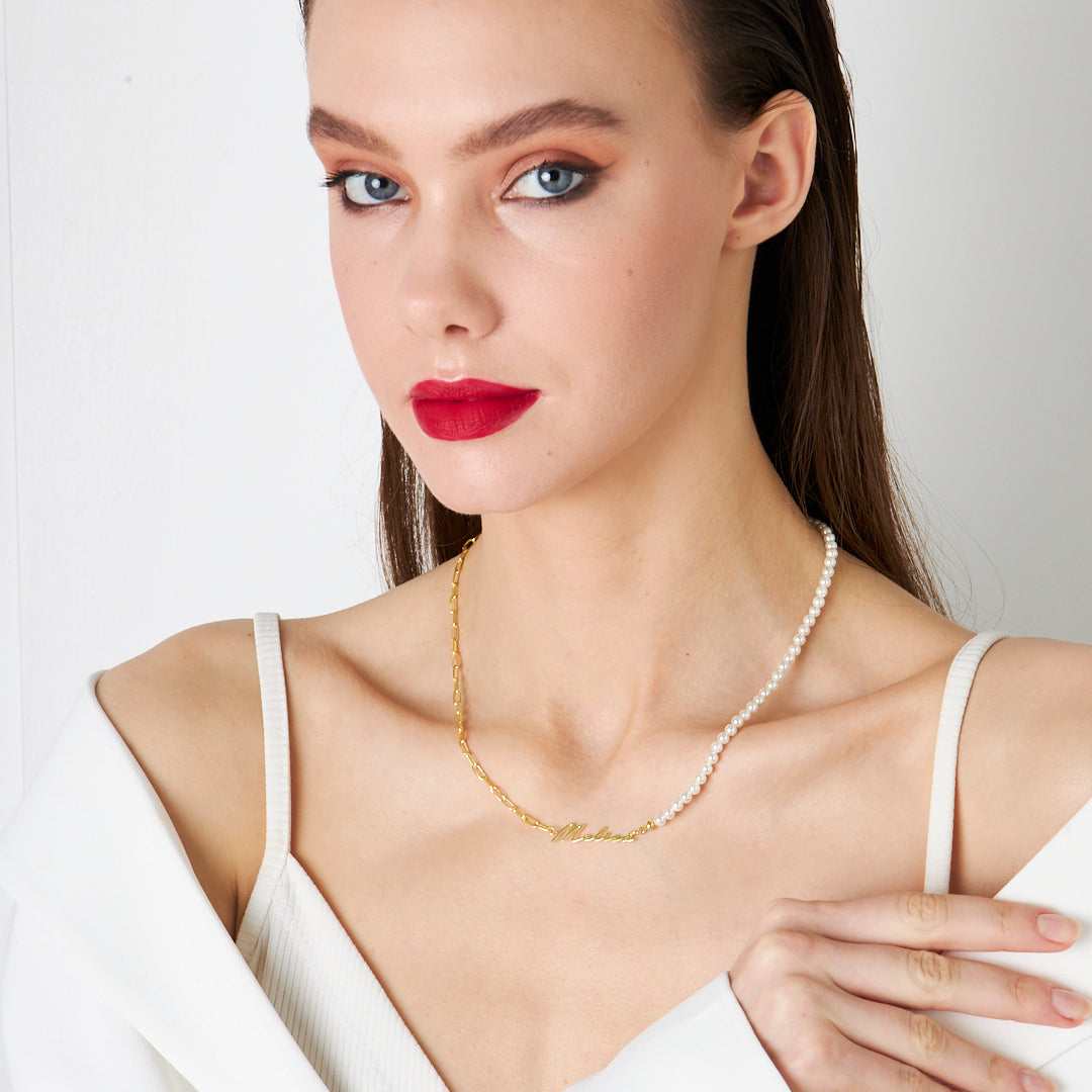 Half Pearl Handwritten Necklace - 925 Silver