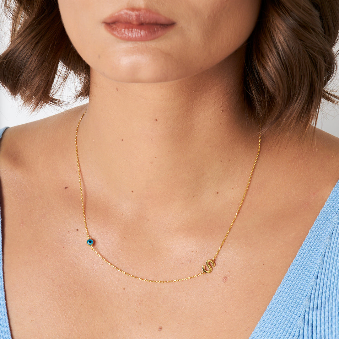 Evil Eye Side Letter Necklace - 925 SILVER