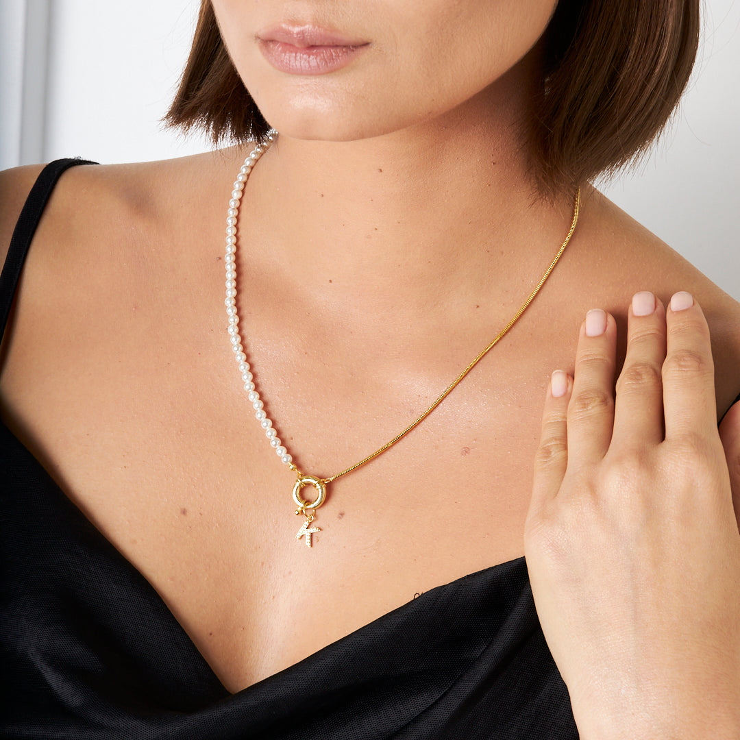 Pearl and Chain Letter Necklace - 925 Silver