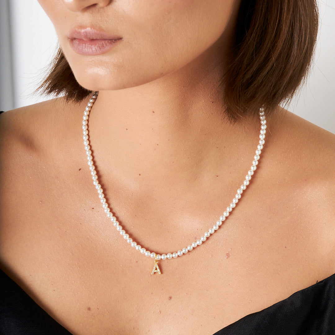 Pearl and Stone Letter Necklace - 925 SILVER