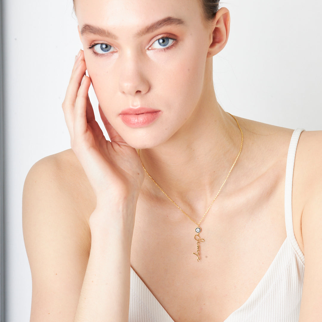 Vertical Name Necklace with Evil Eye Bead - 925 Silver