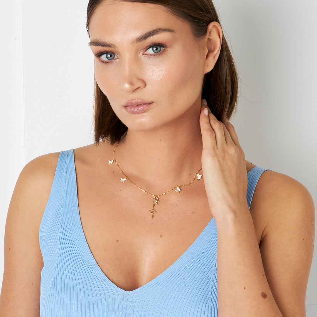 Butterfly Row Vertical Name Necklace - 925 Silver
