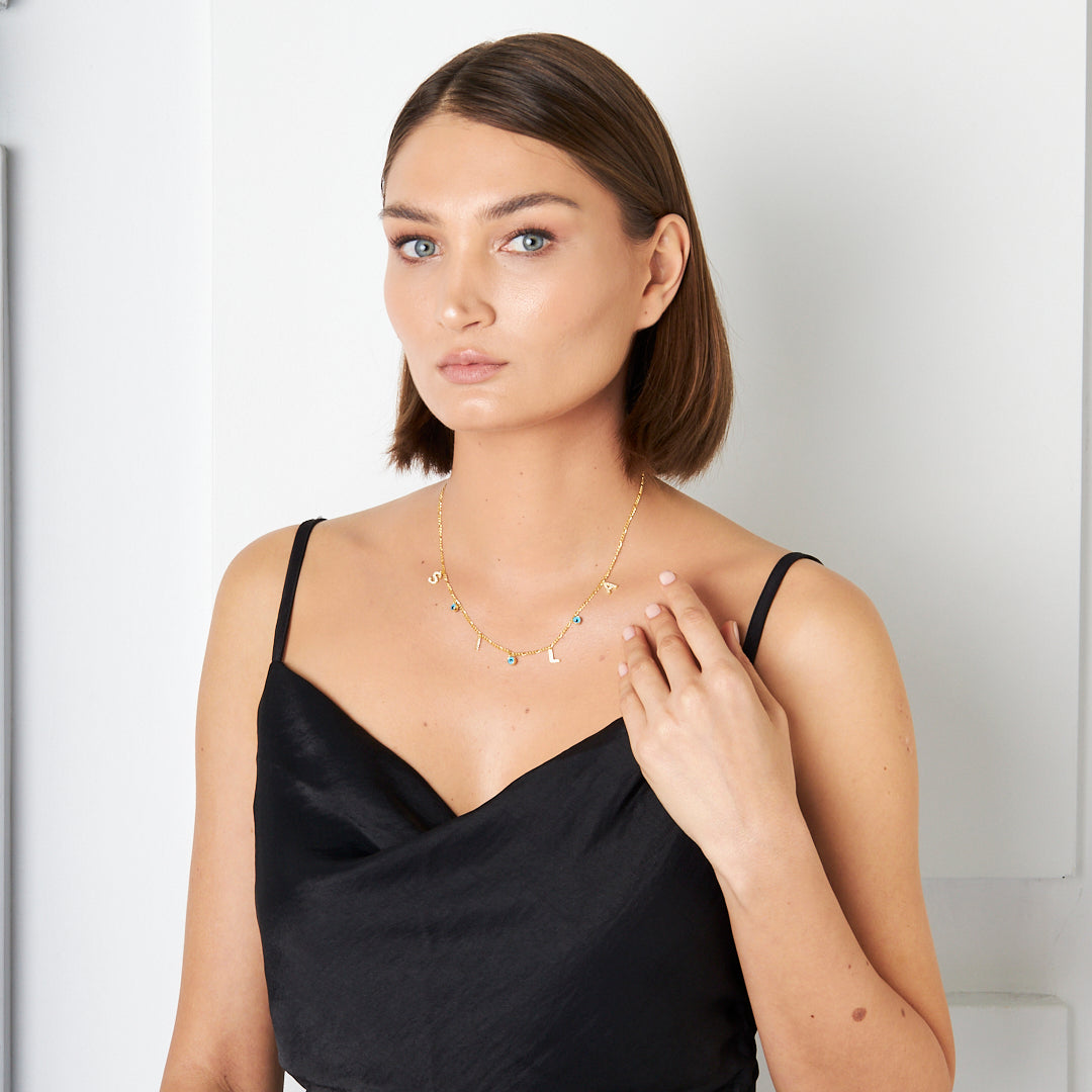 Evil Eye Beaded Letter Necklace - 925 Silver