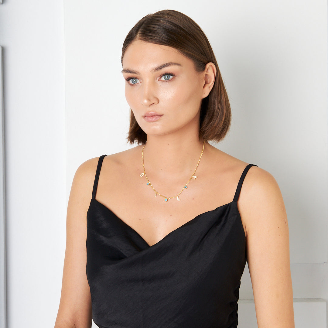 Evil Eye Beaded Letter Necklace - 925 Silver