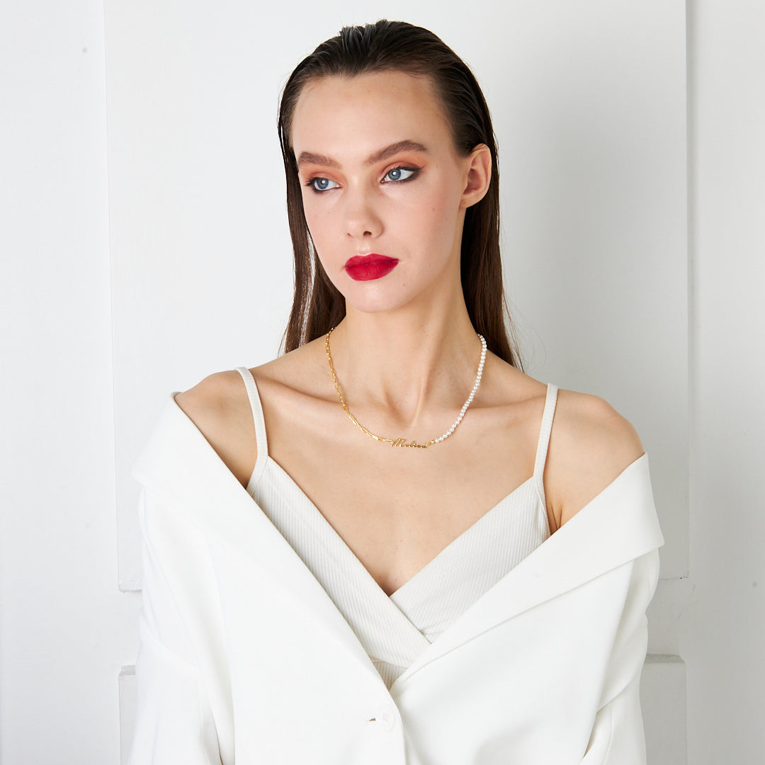 Half Pearl Handwritten Necklace - 925 Silver