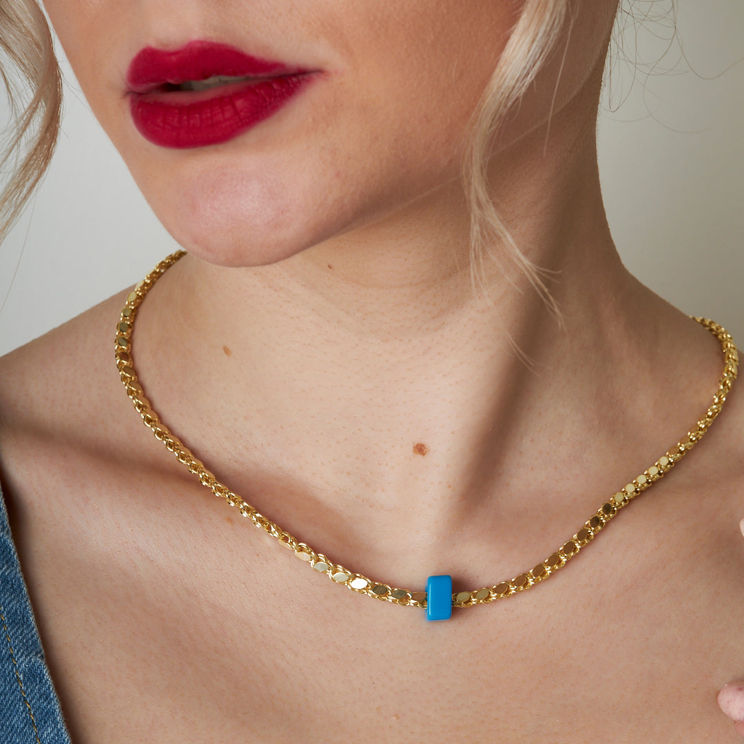 Natural Stone Sequin Halab Chain Necklace - 925 SILVER