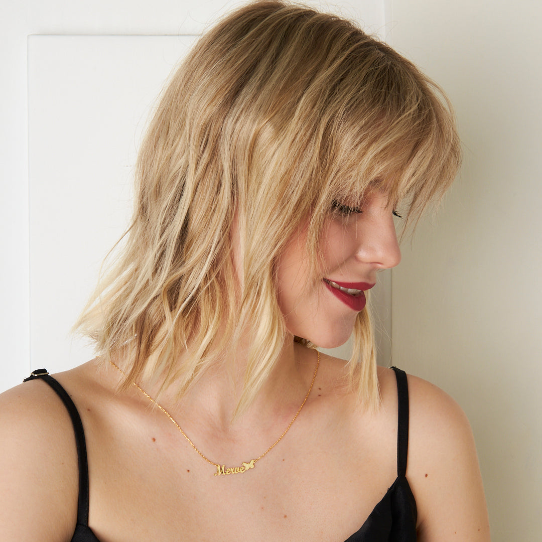 Horizontal Name Necklace with Butterfly Figure - 925 Silver