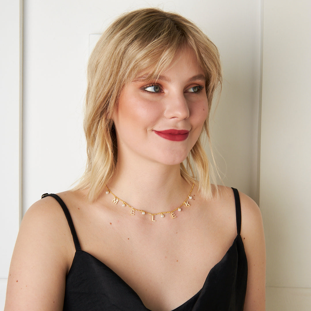 Figaro Pearl Stone Name Necklace - 925 SILVER