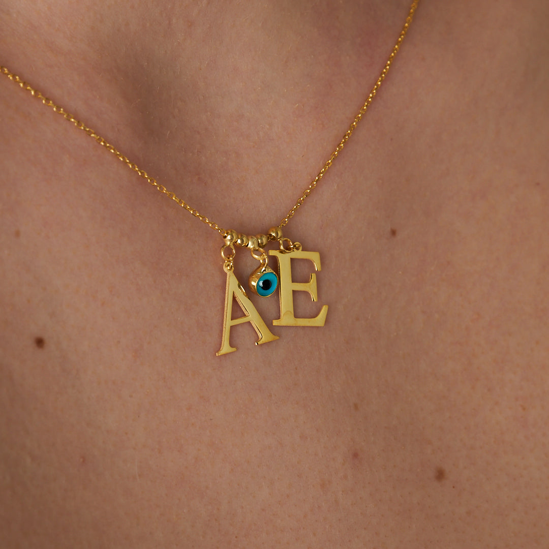 Evil Eye Necklace with Two Letters - 925 Silver