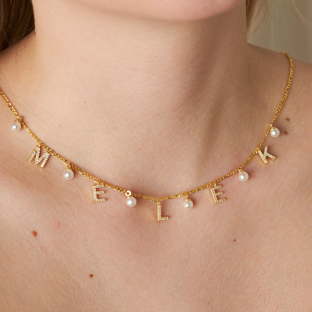 Figaro Pearl Stone Name Necklace - 925 SILVER