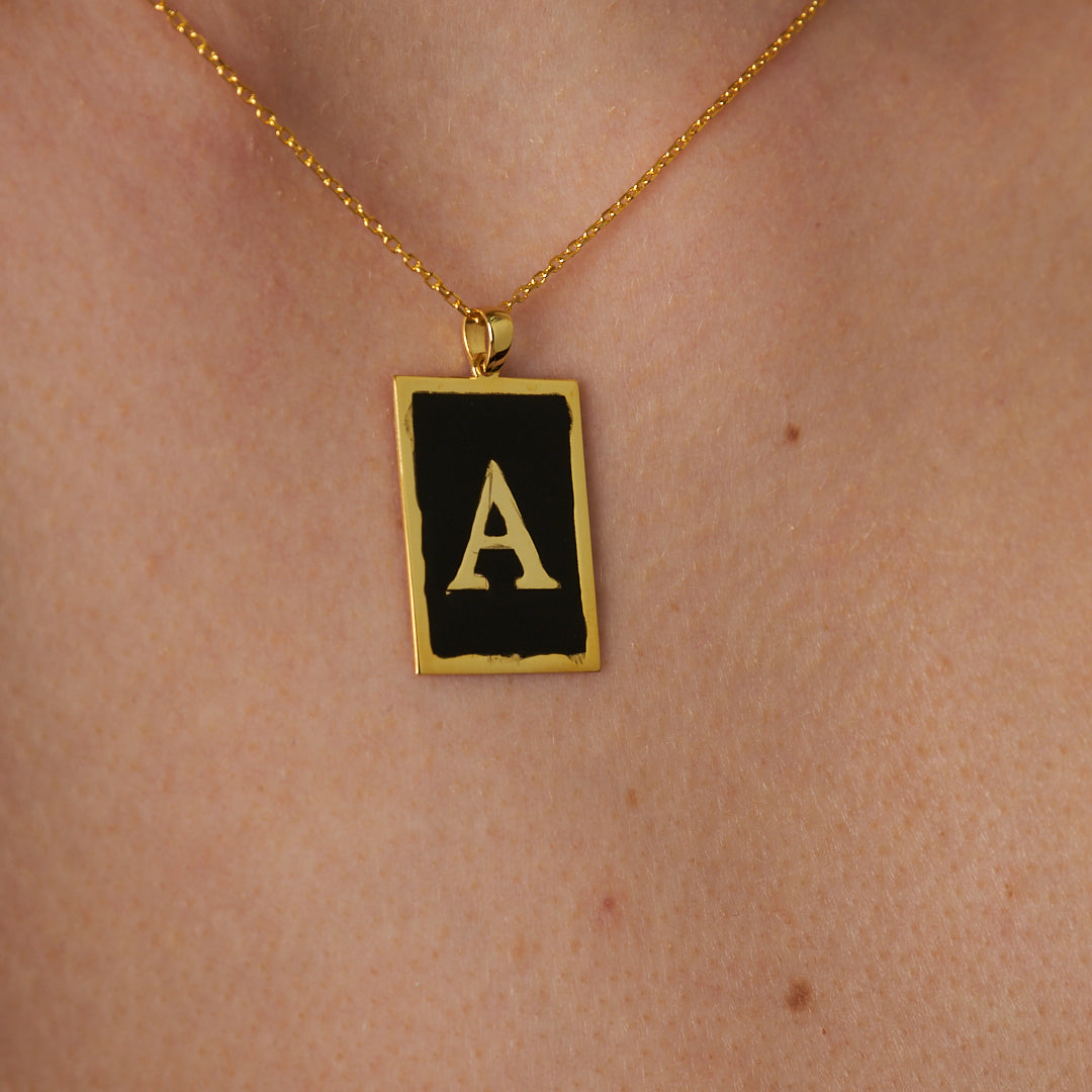 Black Enameled Square Letter Necklace - 925 Silver