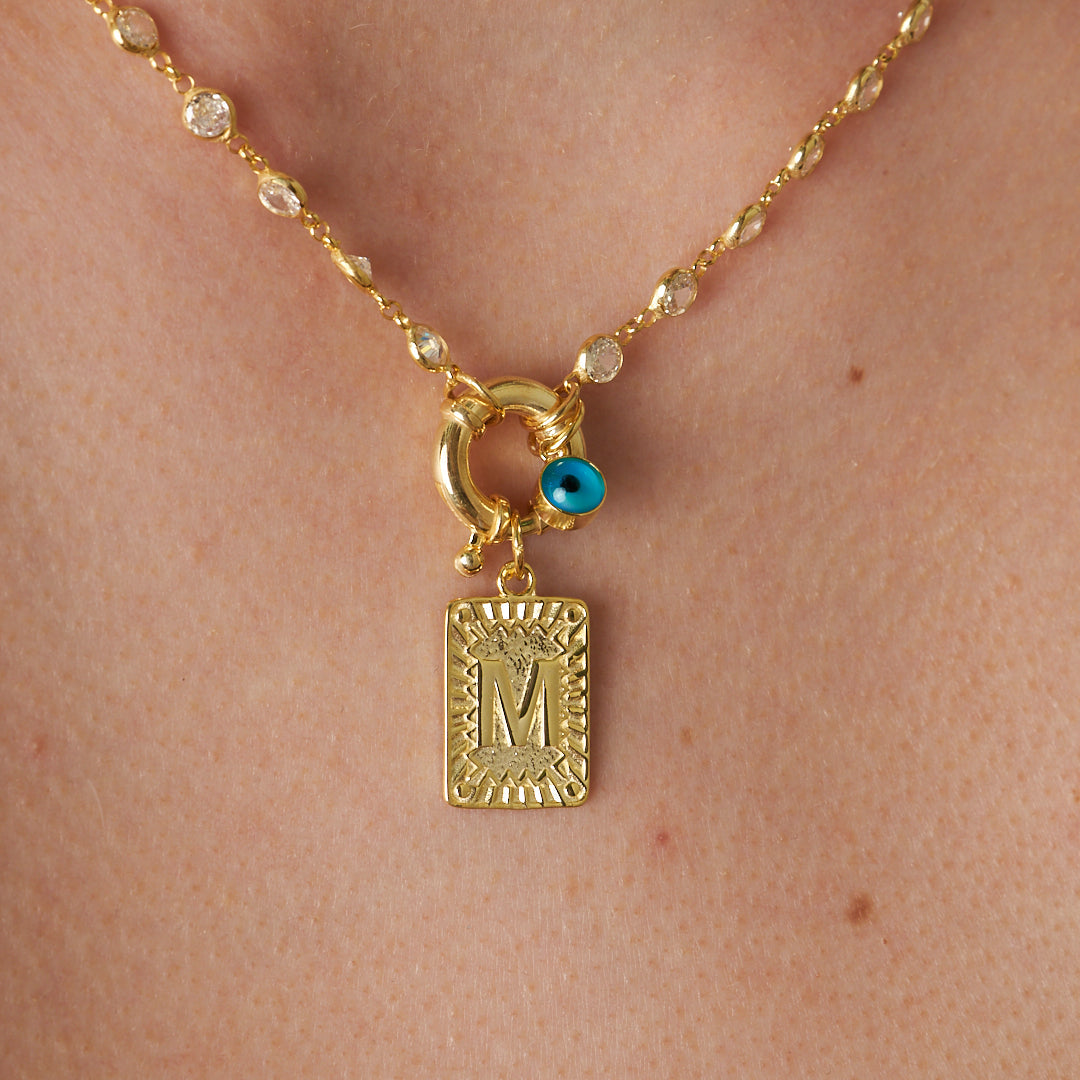 Iced Letter Necklace with Evil Eye Stone - 925 SILVER