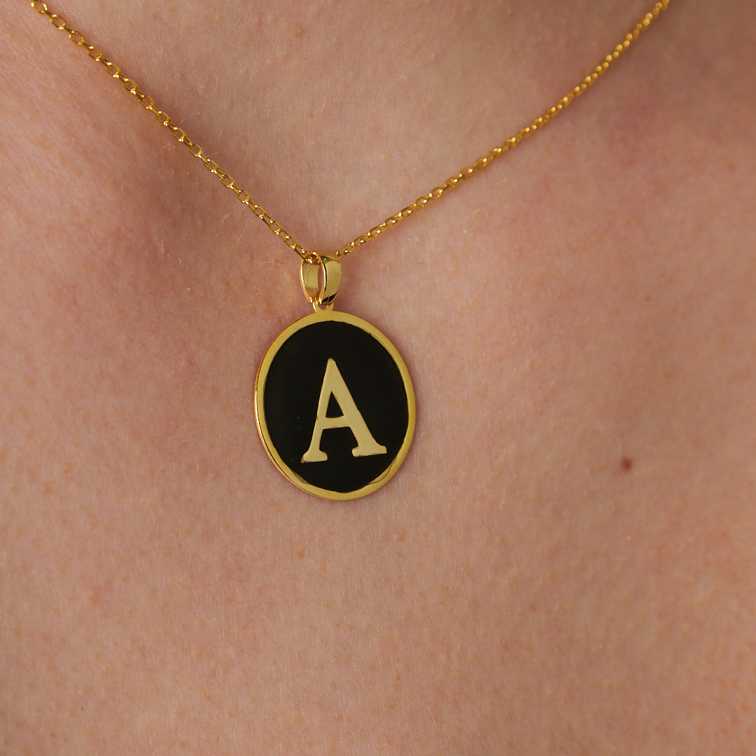 Black Enamel Oval Letter Necklace - 925 SILVER
