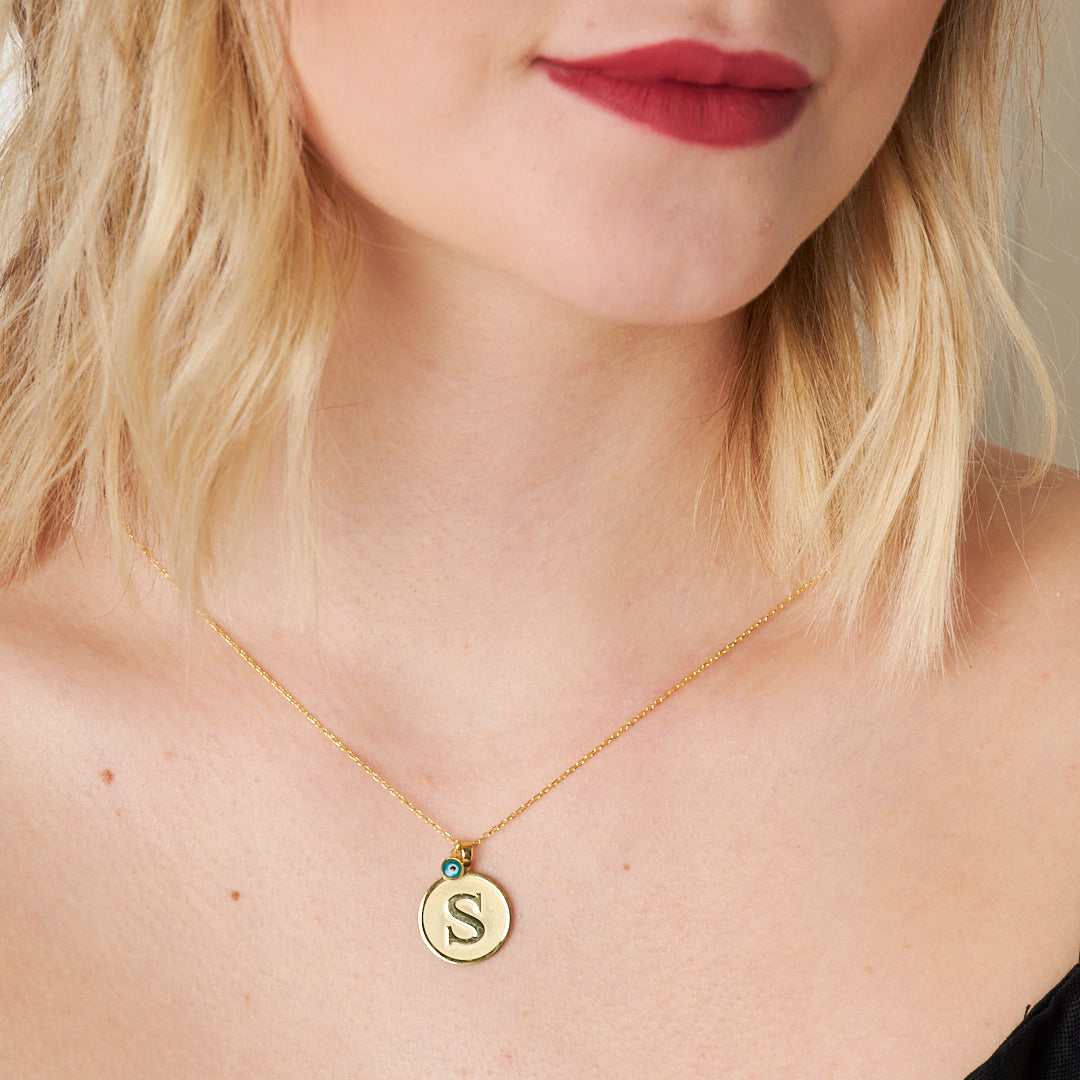 Oval Necklace with Evil Eye Letter - 925 Silver