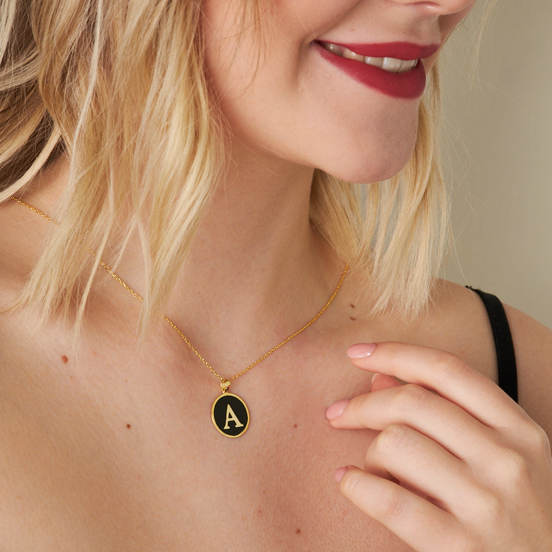 Black Enamel Oval Letter Necklace - 925 SILVER