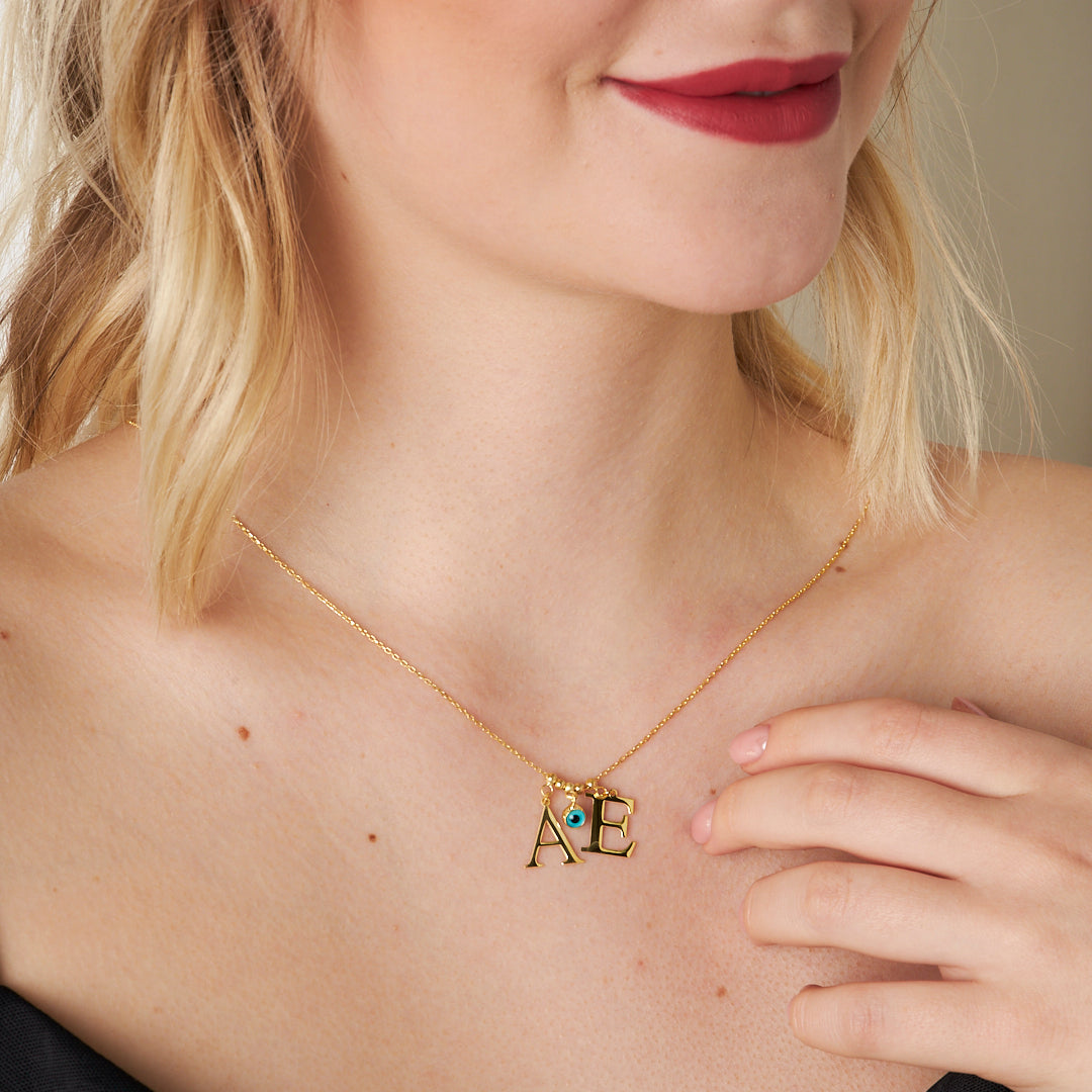 Evil Eye Necklace with Two Letters - 925 Silver