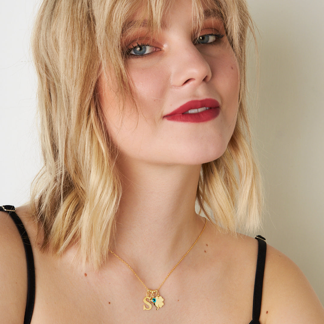 Evil Eye Clover Leaf Single Letter Necklace - 925 SILVER