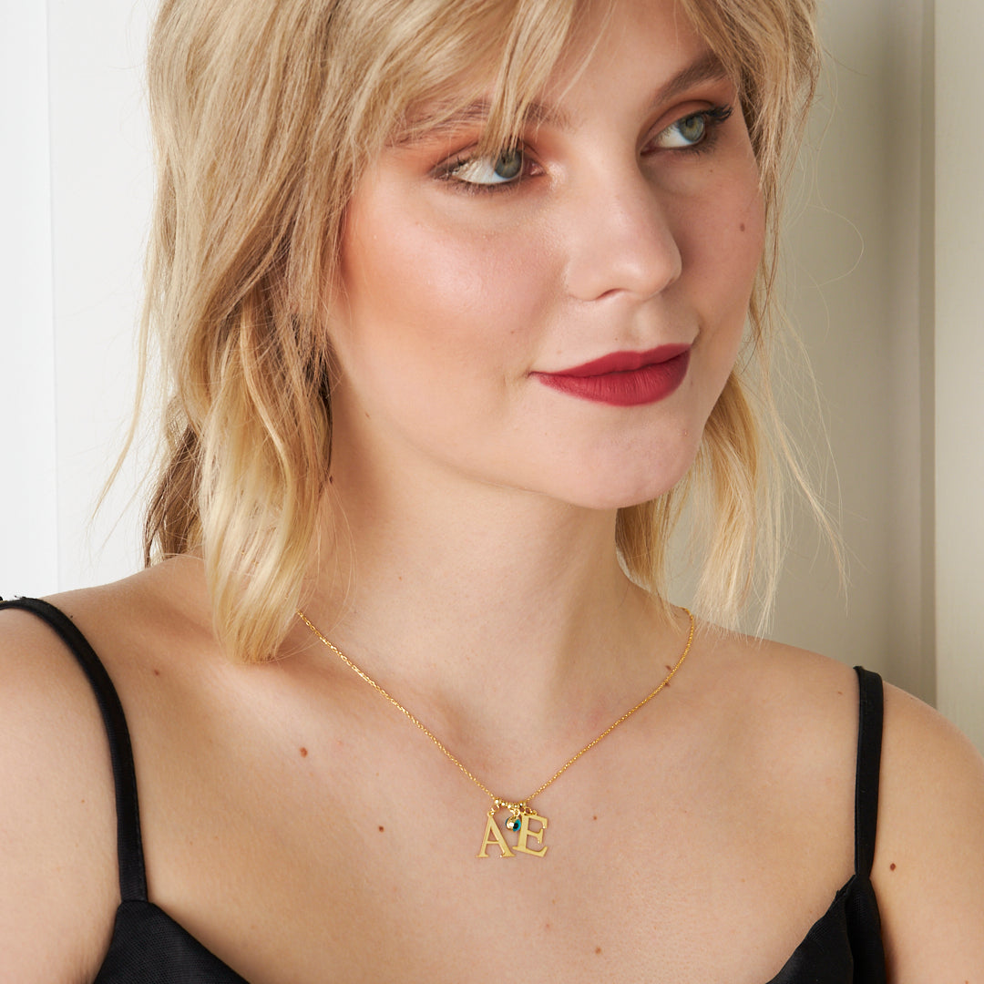 Evil Eye Necklace with Two Letters - 925 Silver