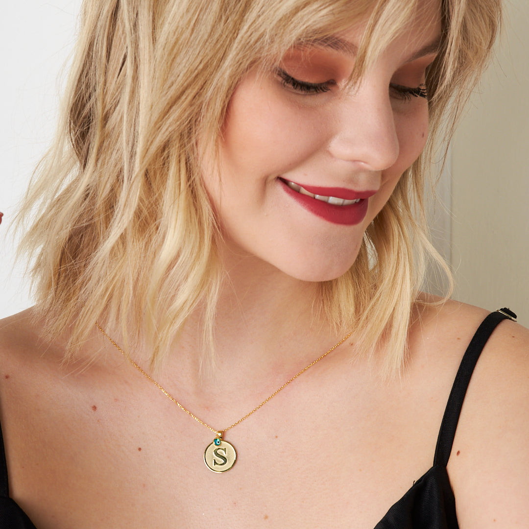 Oval Necklace with Evil Eye Letter - 925 Silver