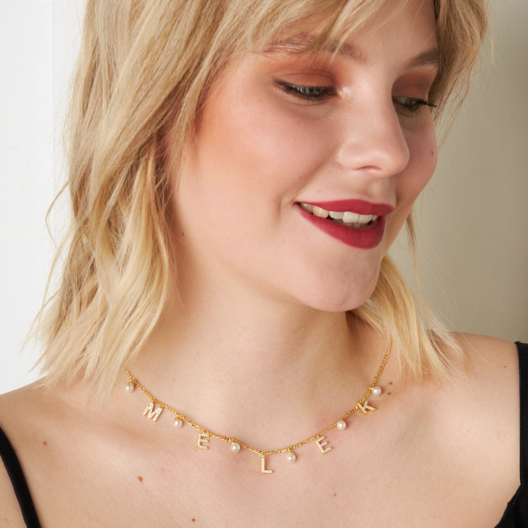 Figaro Pearl Stone Name Necklace - 925 SILVER