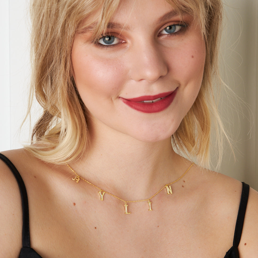 Half Stone Necklace Name Necklace with Letters - 925 Silver