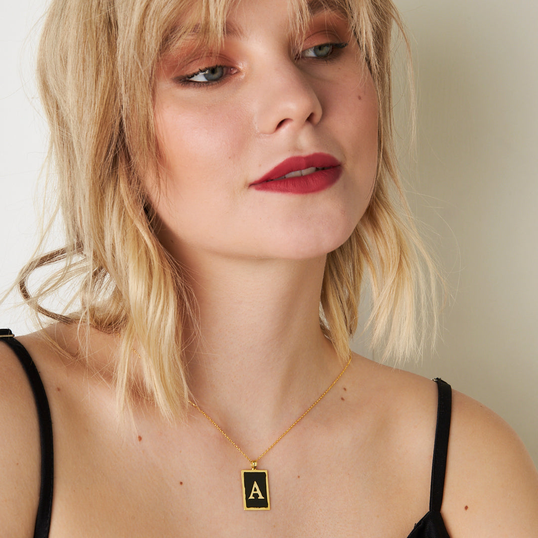 Black Enameled Square Letter Necklace - 925 Silver