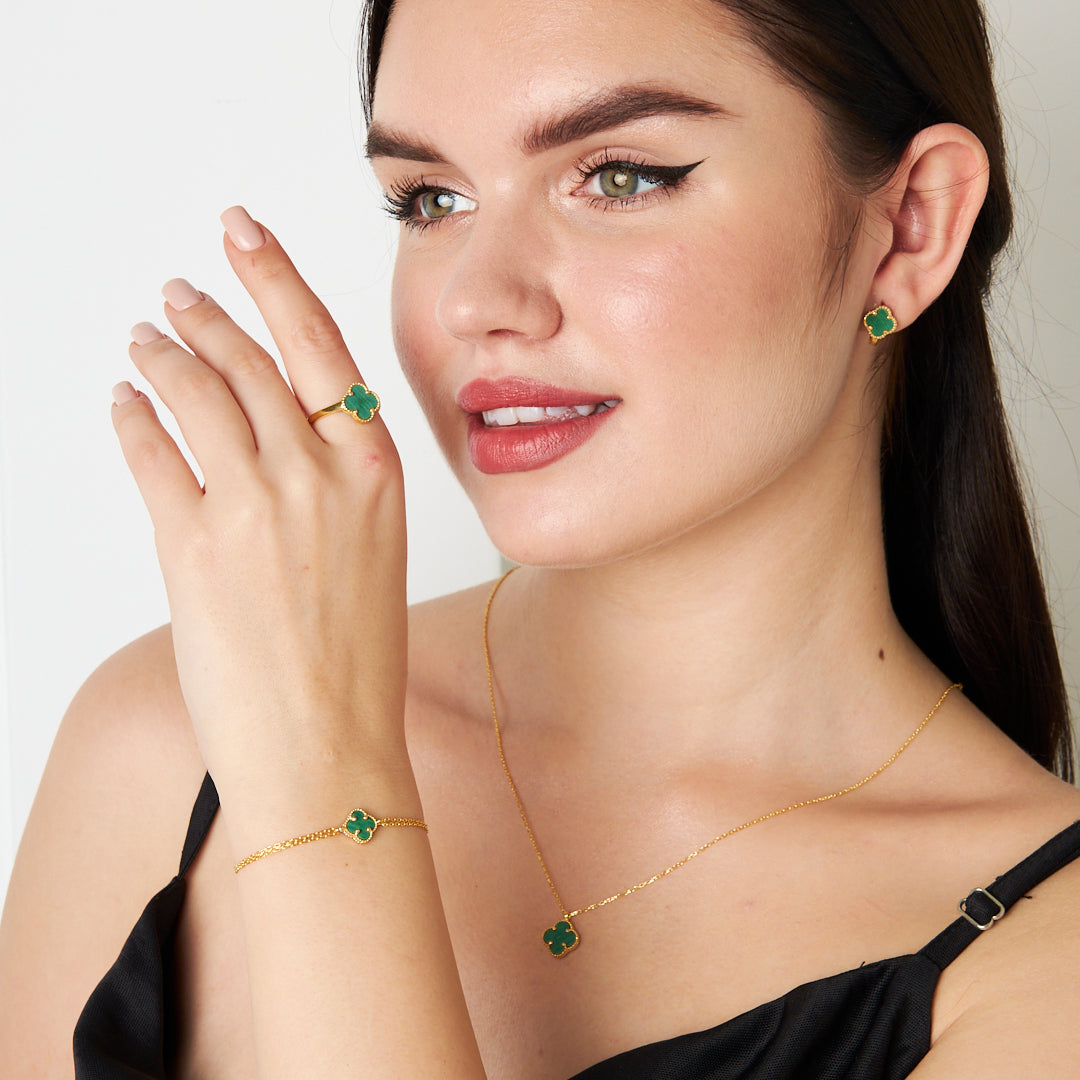 Green Stone Clover Leaf Set - 925 SILVER
