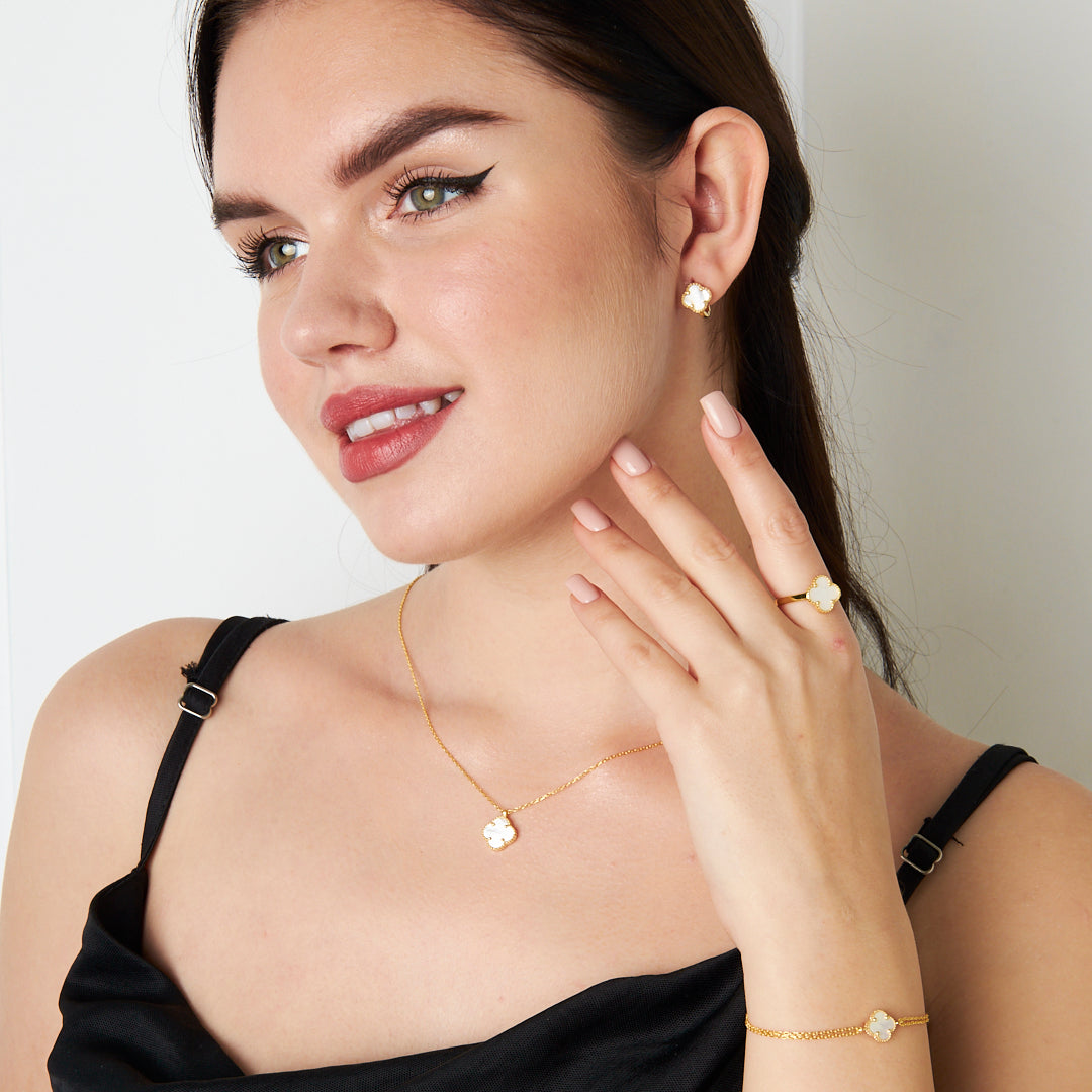 White Stone Clover Leaf Set - 925 SILVER