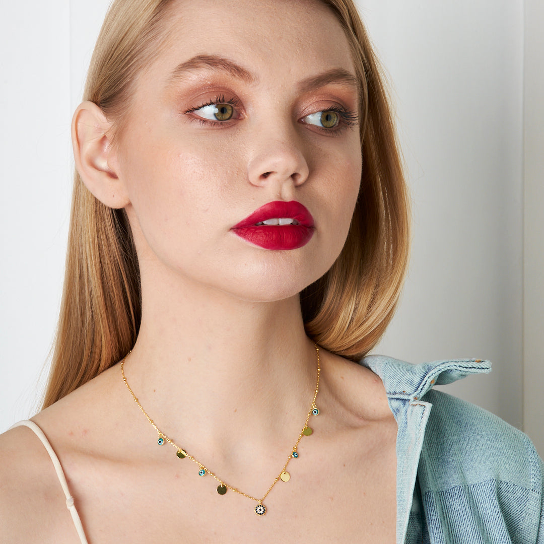 Sequin Evil Eye Bead Necklace - 925 SILVER