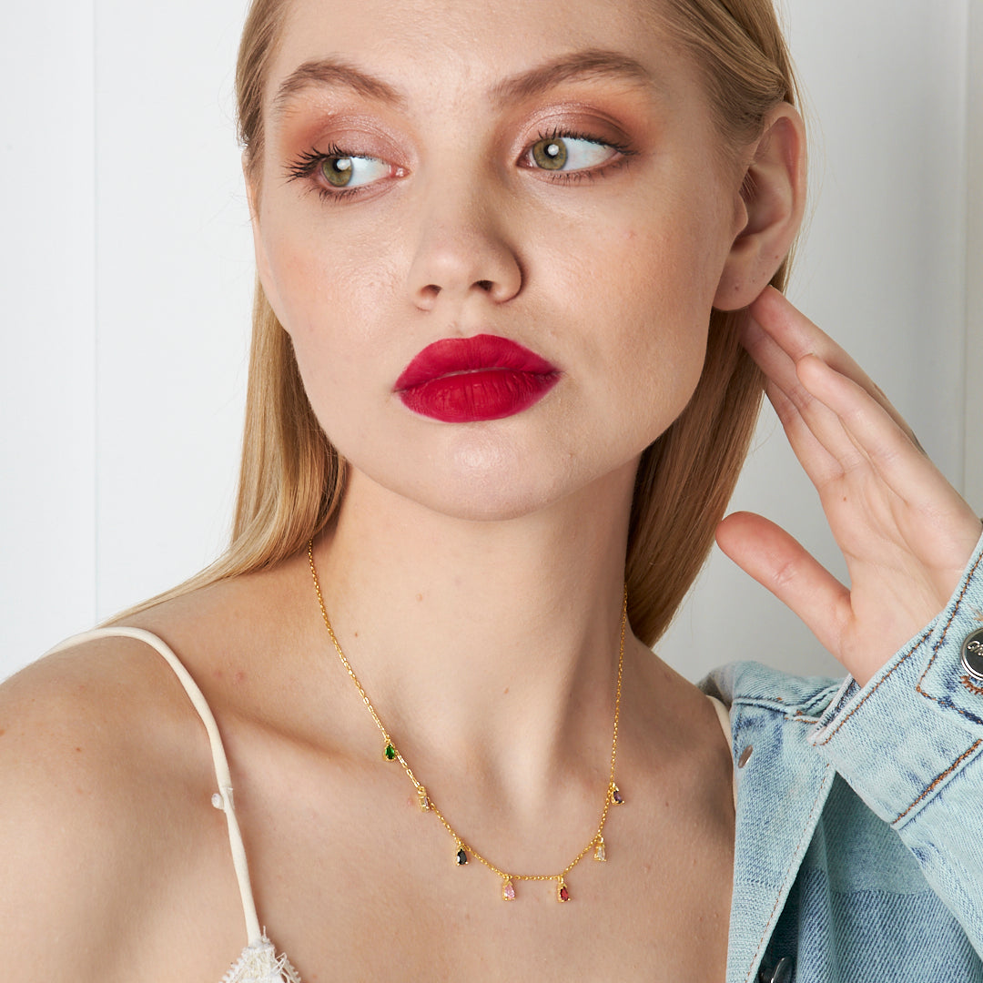 Colorful Stone Drop Necklace - 925 SILVER