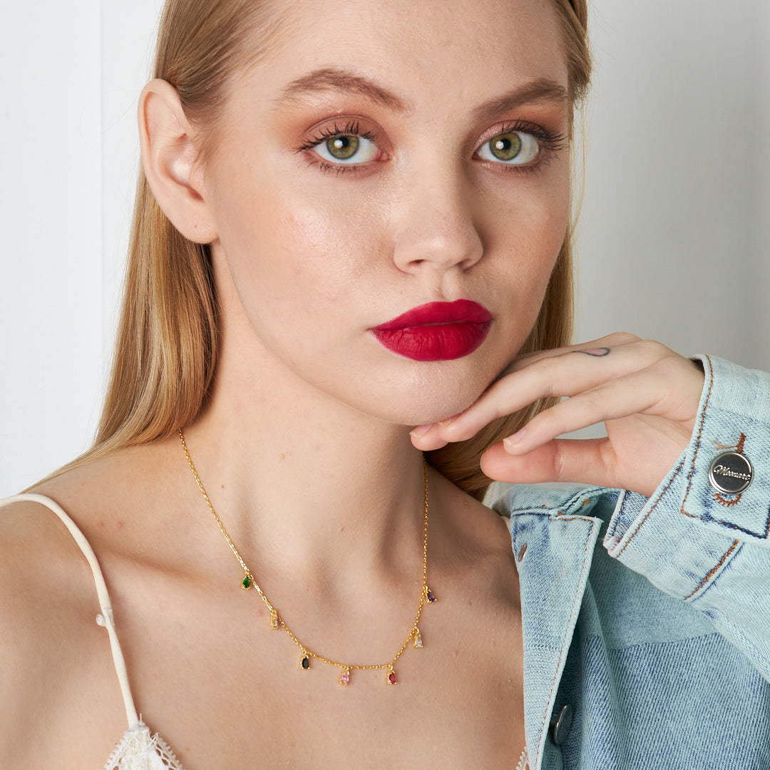 Colorful Stone Drop Necklace - 925 SILVER