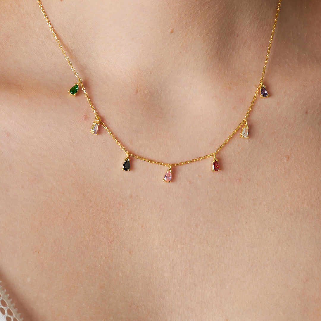 Colorful Stone Drop Necklace - 925 SILVER