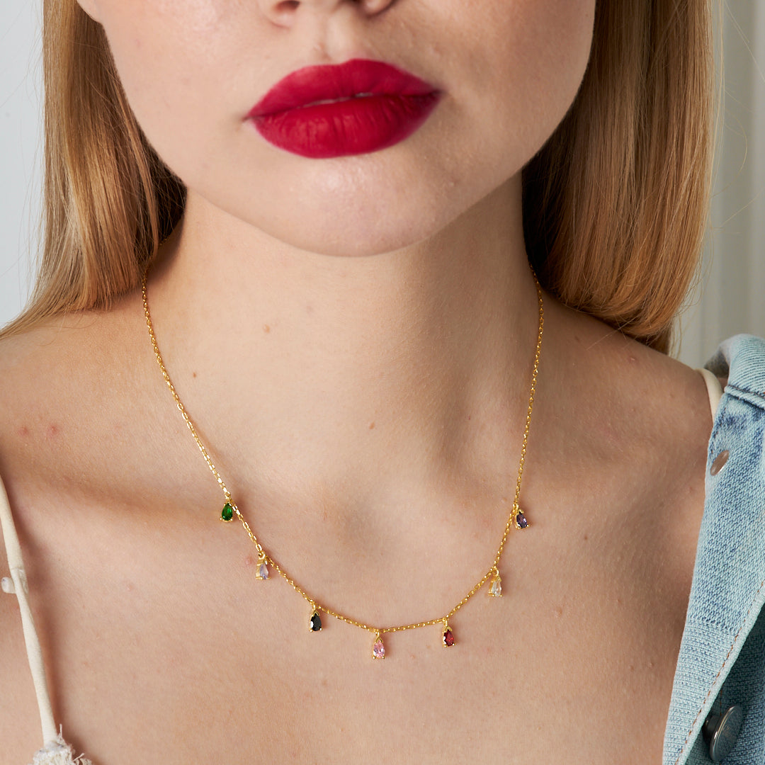 Colorful Stone Drop Necklace - 925 SILVER