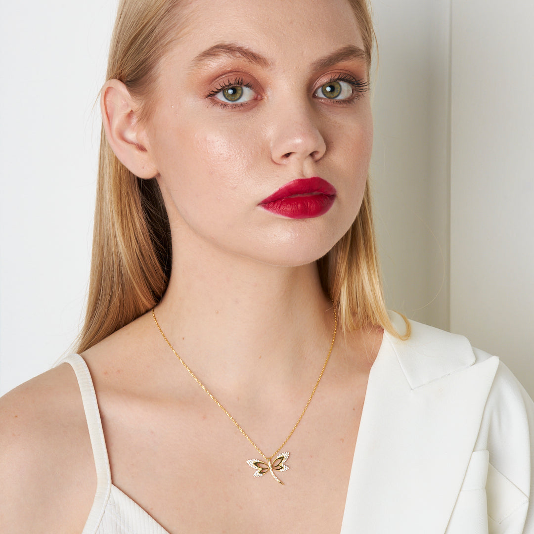 Stylish Dragonfly Necklace with Stones - 925 SILVER