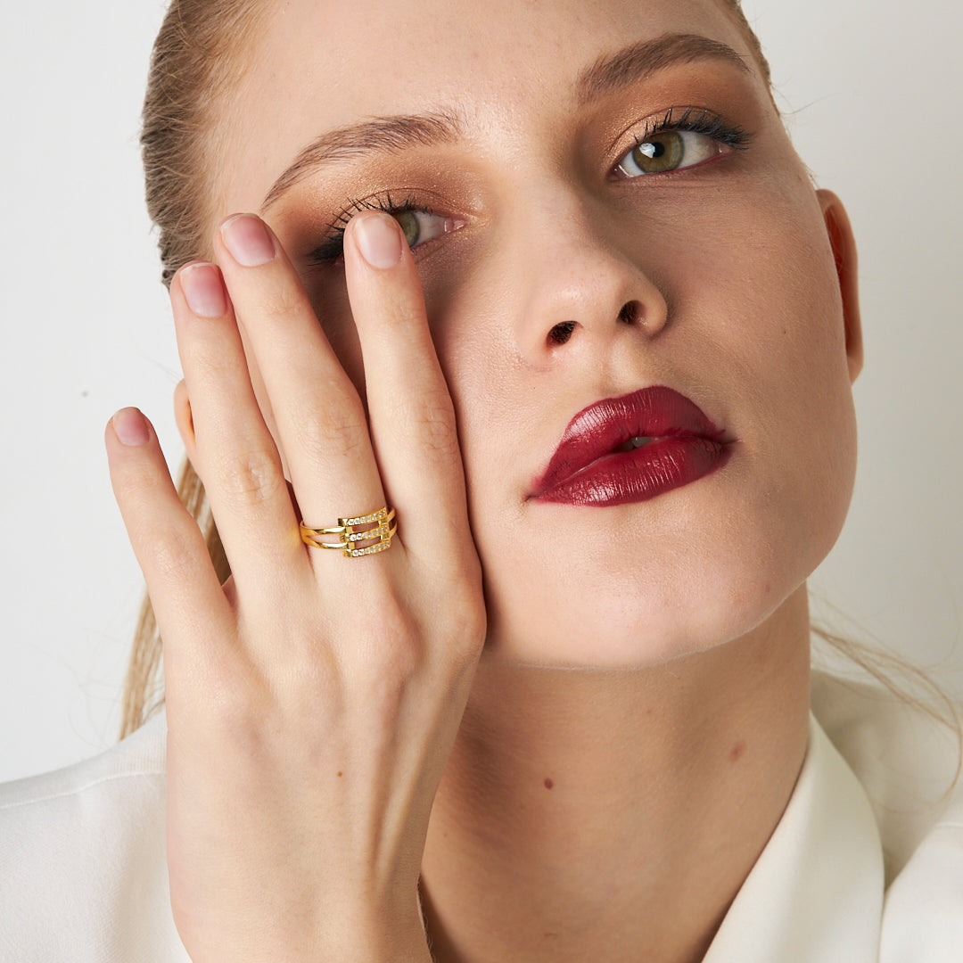 Triple Ribbed Ring with Row Stones - 925 SILVER