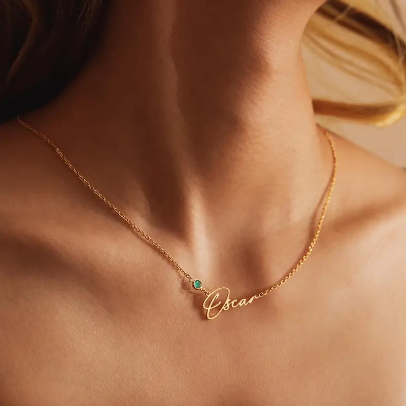Cursive Name Necklace with Birthstone