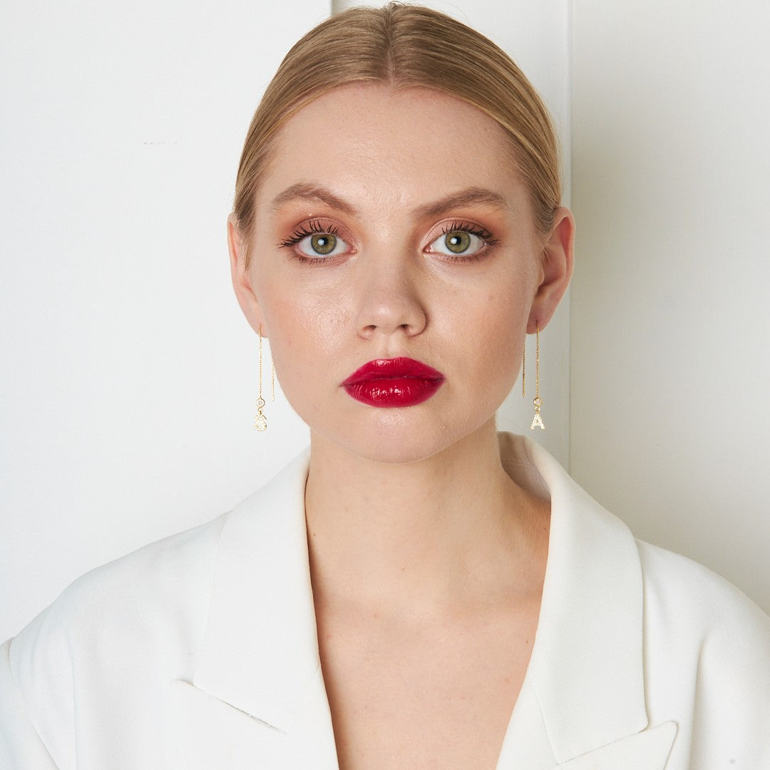 Zircon Stone Dangle Letter Earrings - 925 SILVER