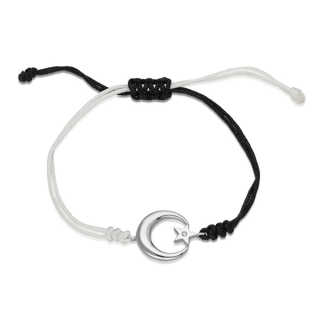 Crescent Star Black and White Rope Bracelet - 925 SILVER
