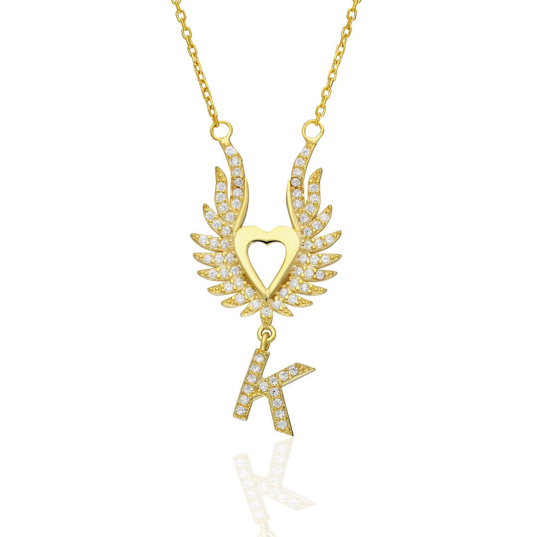 Large Winged Heart Necklace with Initials - 925 Silver