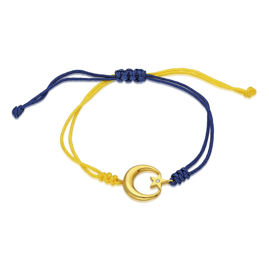 Yellow and Navy Blue Rope Bracelet with Star and Crescent - 925 SILVER